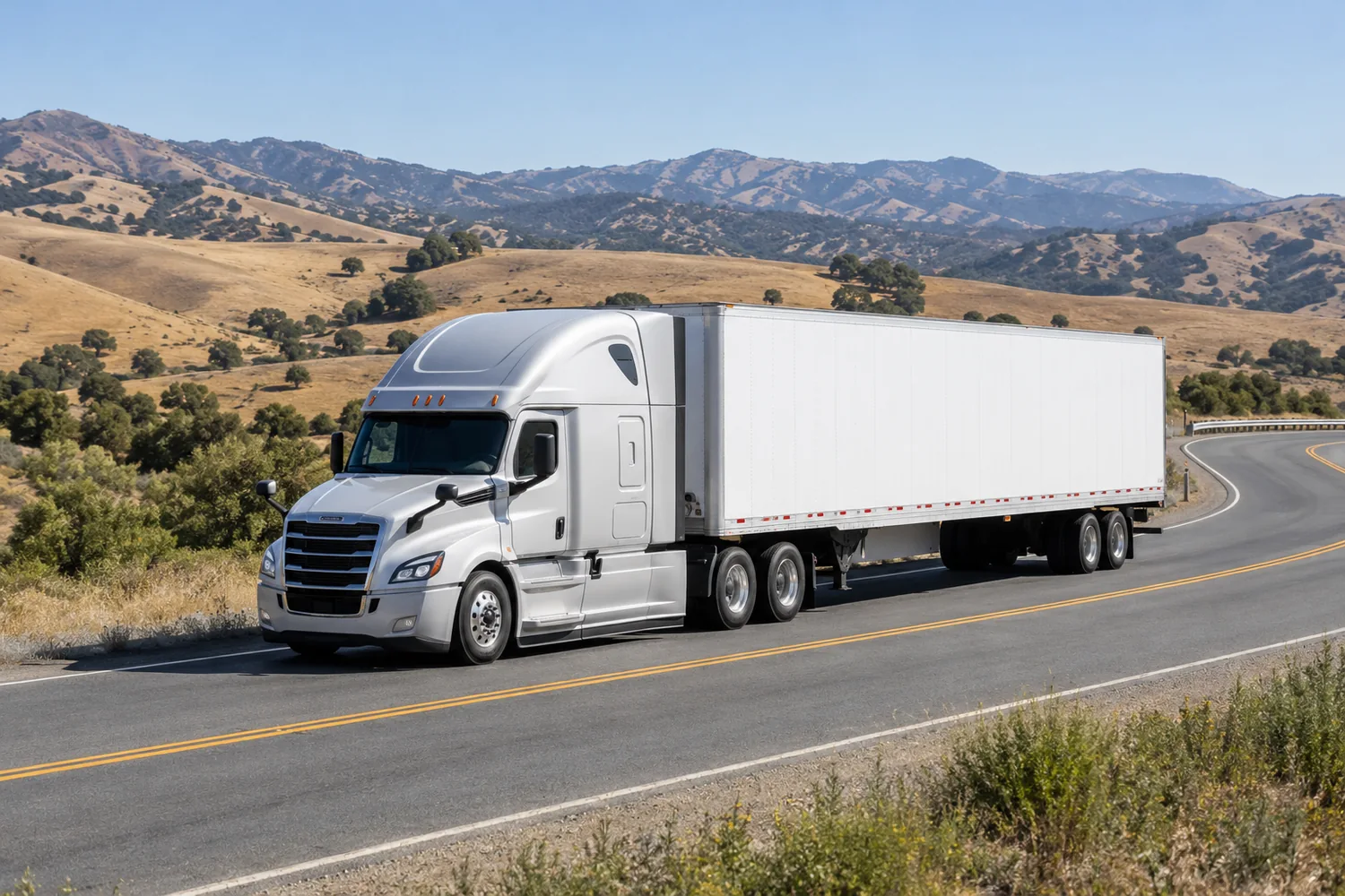AI-generated concept photograph of an unbranded American semi-truck following a curved road in a natural landscape.