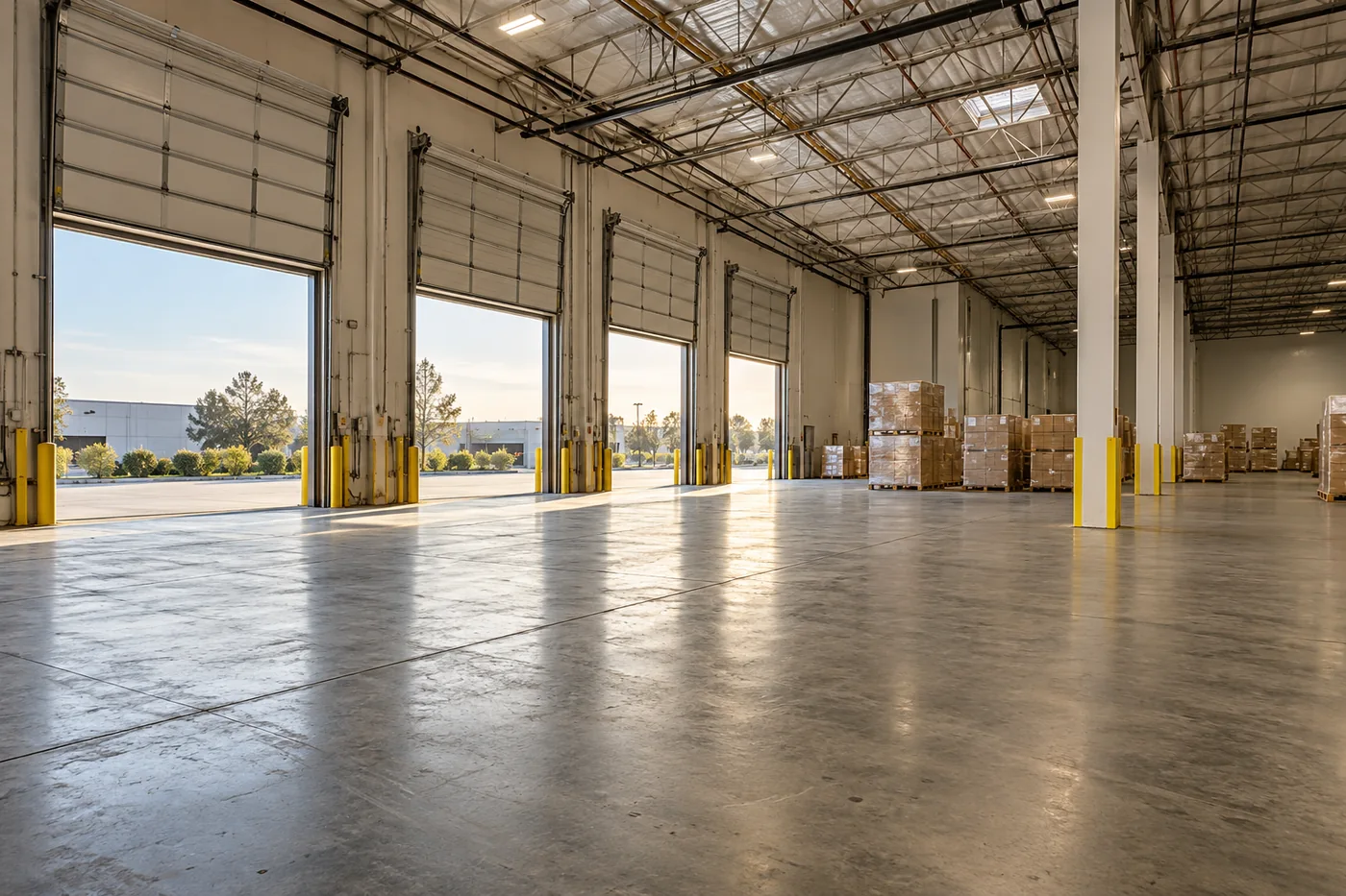 AI-generated concept photograph of a warehouse receiving area with warm sunlight and realistic architectural details.